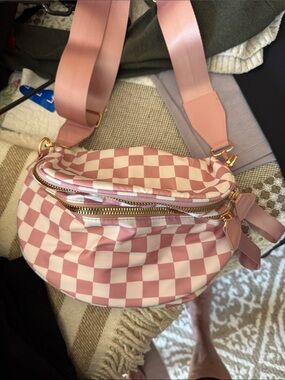 Pink Checkered Crossbody Bag with Adjustable Strap